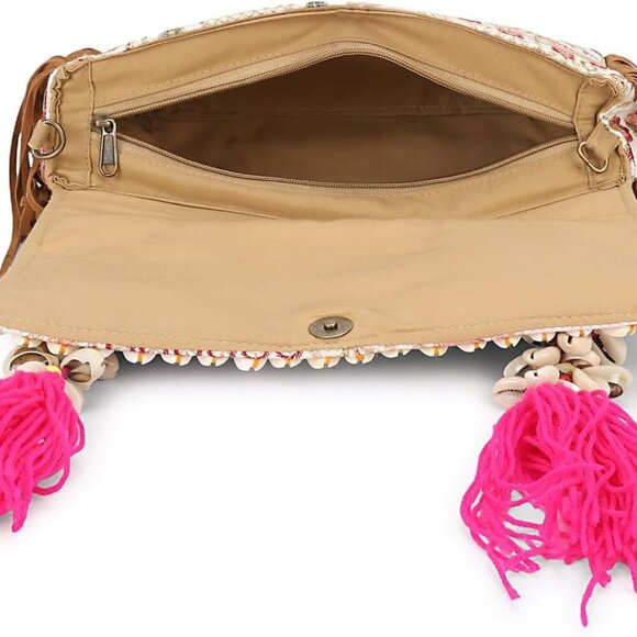 Convertible Floral Embroidered Crossbody Clutch with Leather Fringe - 12" x 6" - Picture 6 of 9